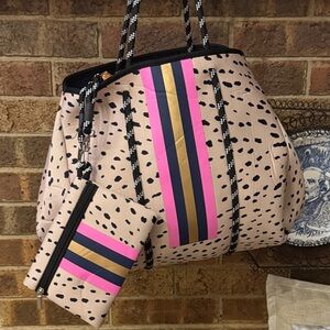 Chic Polka Dot Tote Bag with Pink and Gold Accents
